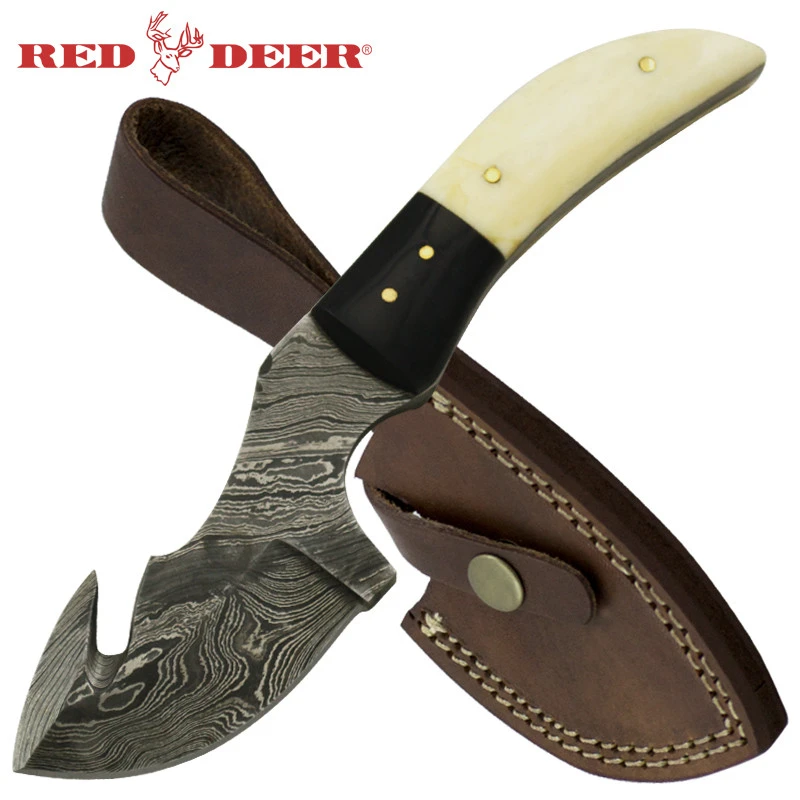 Red Deer Gut Hook Damascus Animal Bone Hunting Knife